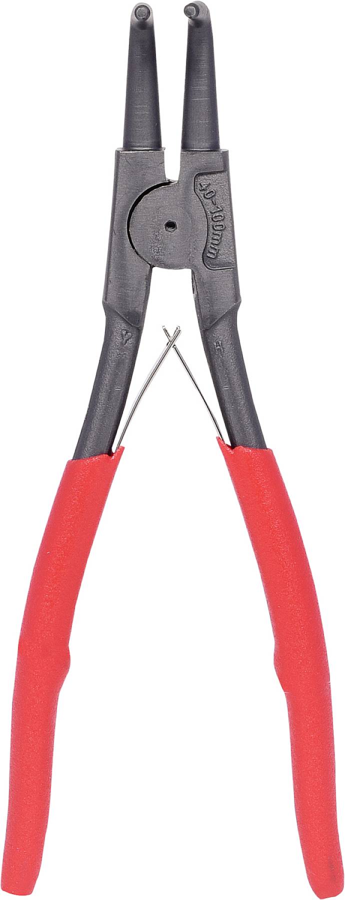 Eine rote Sprengringzange mit schwarzen Backen und Griffen, die zum Entfernen oder Befestigen von Sprengringen dient.