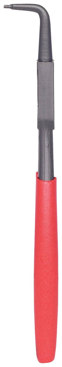 Ein Hakenwerkzeug mit rotem Griff und gebogener Metallspitze, möglicherweise zum Lösen oder Halten von kleinen Objekten.