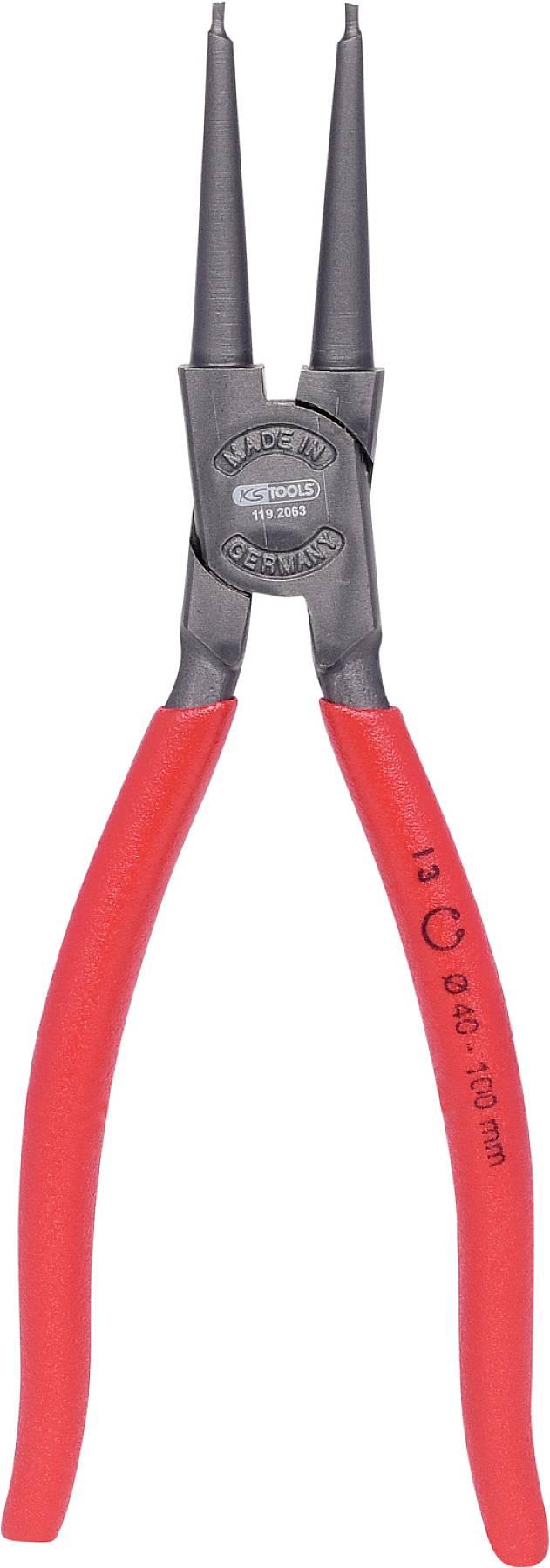Eine rote Zangenspitzzange mit schwarzen Spitzen und einem Logo auf dem Griff. Sie ist 180 mm lang und wird für präzise Arbeiten verwendet.