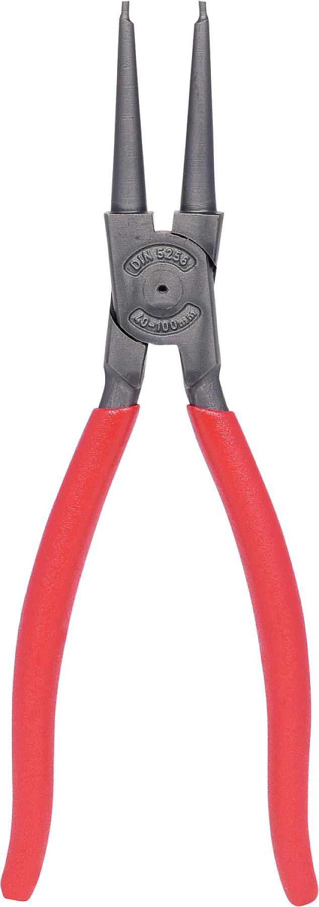 Rote Seegerringzange mit schwarzen Spitzen, geeignet zum Greifen und Entfernen von Seegerringen in Maschinenbau oder Reparaturumgebungen.
