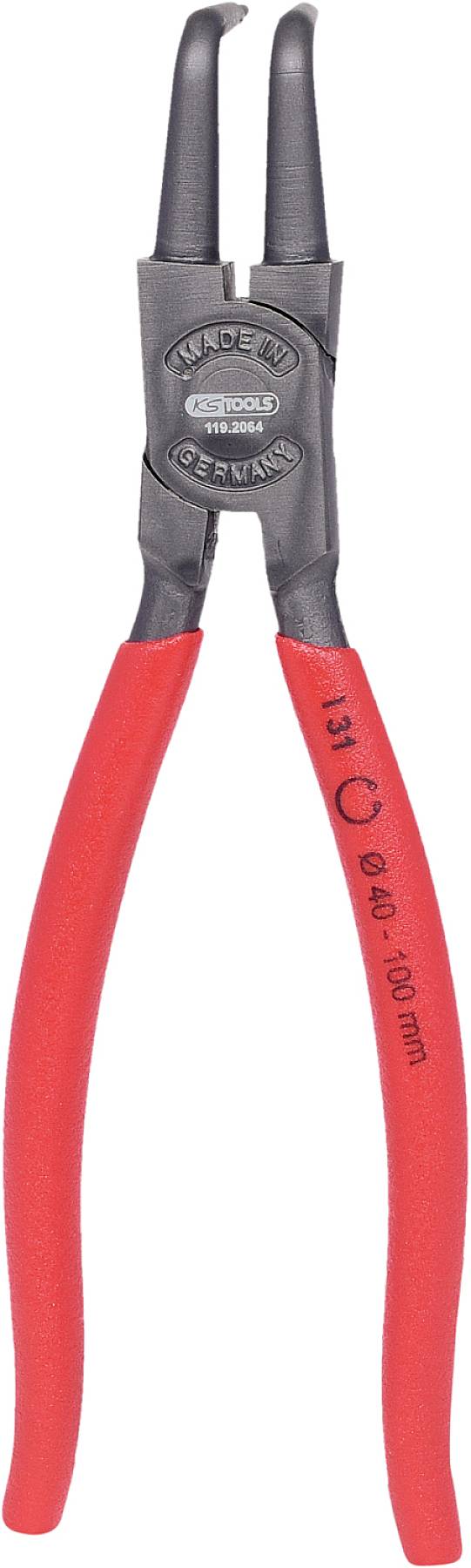 Rote Sicherungsringzange mit gebogenen Spitzen, geeignet für Innenringe. Kunststoffgriff für besseren Halt. Größe: 140 mm.