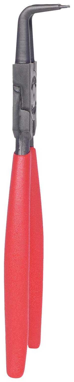 Rote Spreizzange mit abgewinkelten Enden, geeignet zum Halten und Manipulieren kleiner Teile in mechanischen oder manuellen Arbeiten.