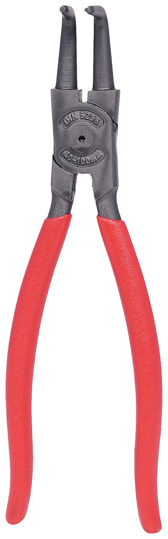 Rote Sprengringzange mit schwarzen Spitzen, verwendet zum sicheren Entfernen von Sprengringen in der Mechanik.