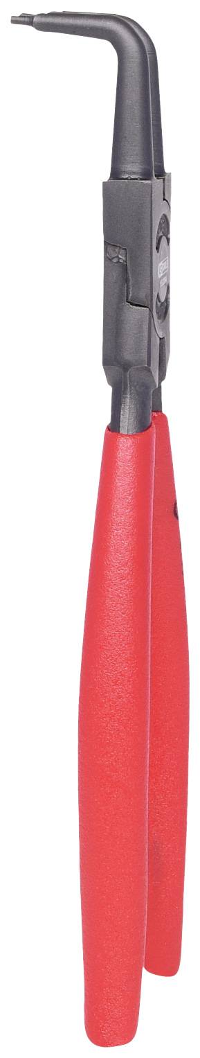 Zange mit roten Griffen und gebogenen Spitzen, verwendet zum Entfernen oder Einsetzen von Sicherungsringen in mechanischen Anwendungen.