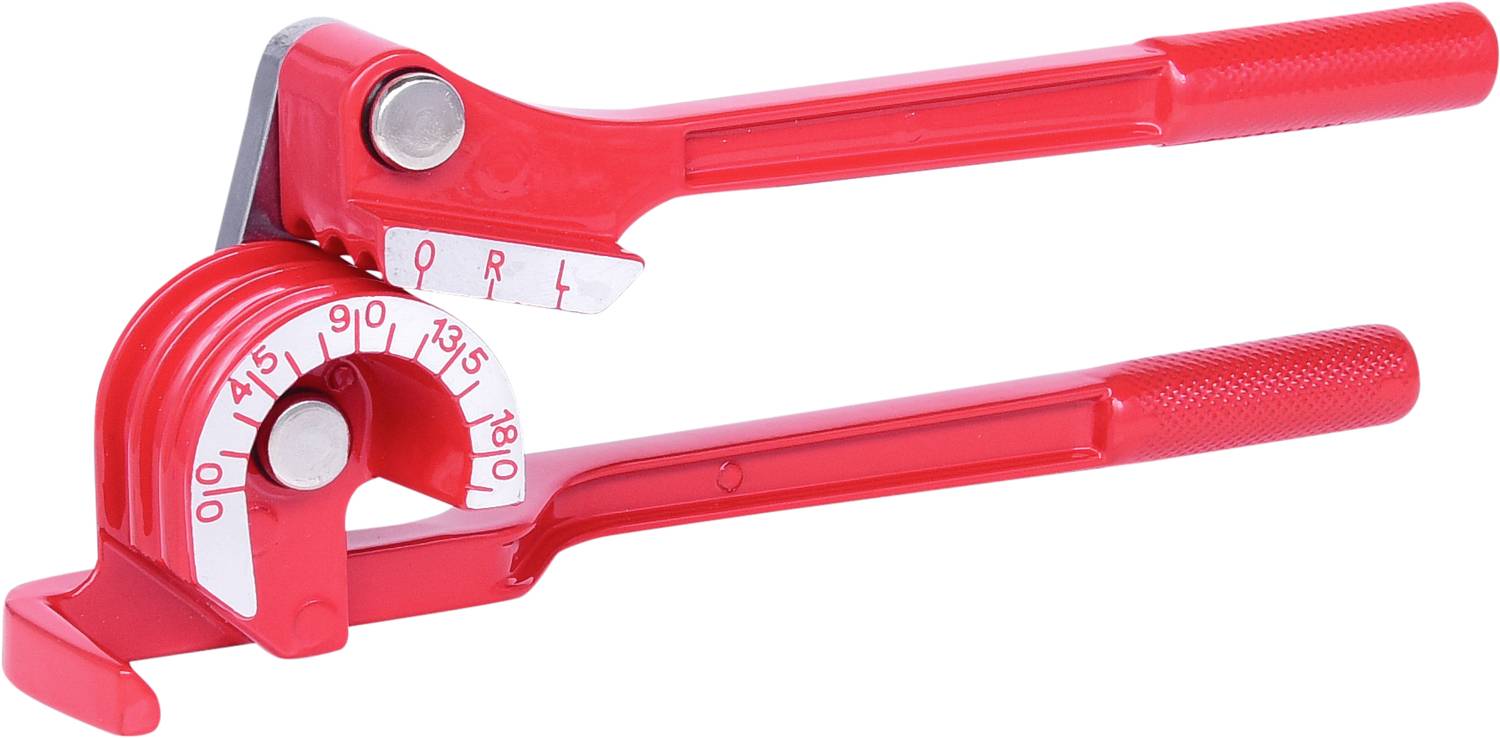 Rote Rohrbiegemaschine mit Winkelanzeiger von 0 bis 180 Grad, verwendet zum präzisen Biegen von Rohren und Stangen.