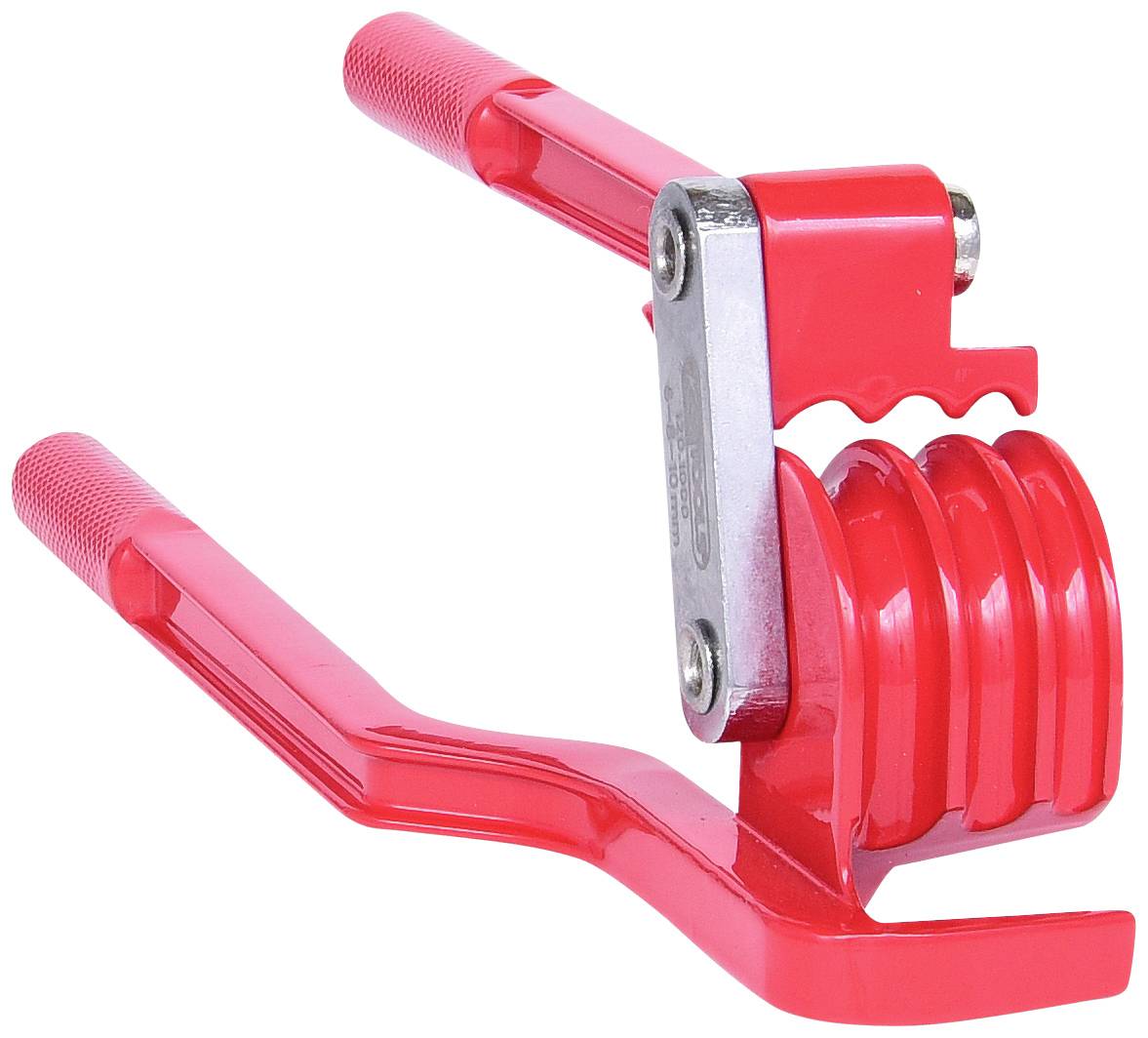 Ein rotes Rohrbiegewerkzeug mit geriffelten Griffen und einer Metallvorrichtung zum Biegen von Rohren. Geeignet für Handwerker.