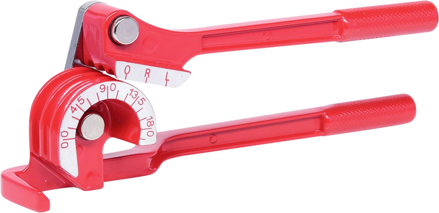 Eine rote Rohrbiegezange mit Skalenmarkierungen für verschiedene Biegegrade von 0 bis 180 Grad.