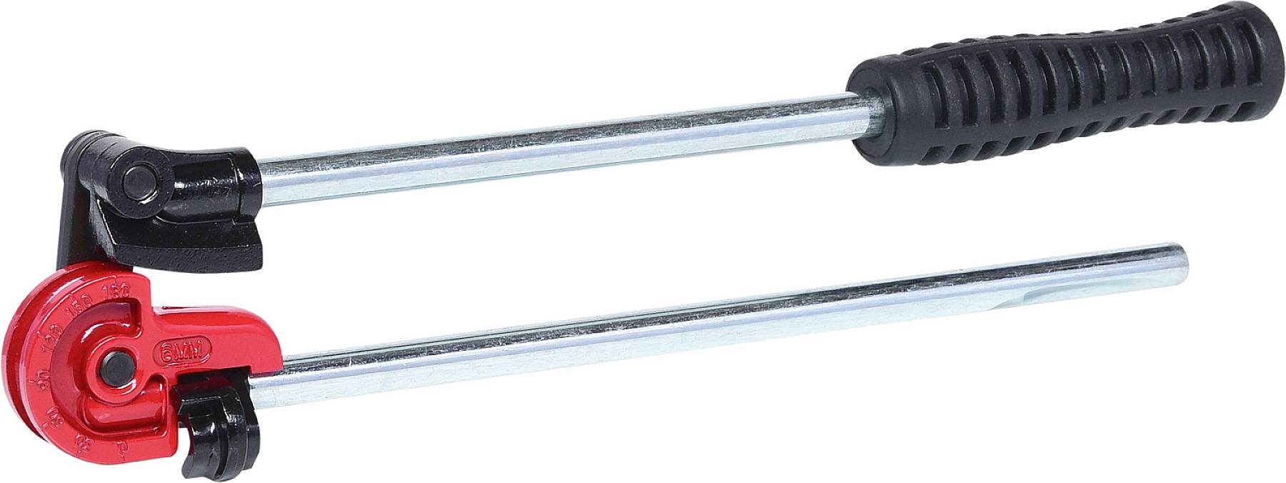 Ein Rohrbieger mit schwarzem Griff und rotem, bogenförmigem Kopf zum manuell Biegen von Metallrohren.