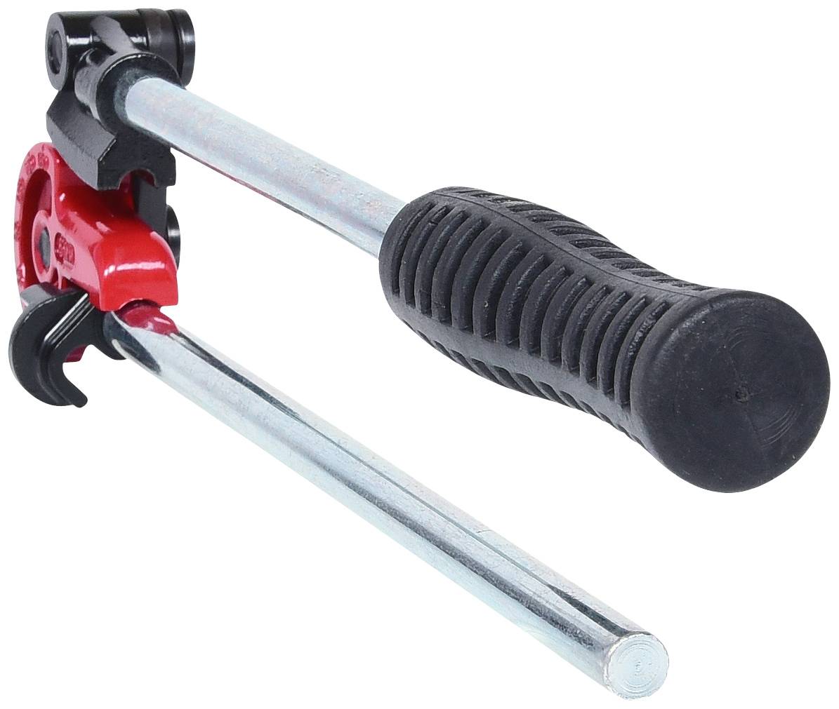Ein rotes und schwarzes Rohrschneidwerkzeug mit ergonomischem Griff, geeignet zum Schneiden von Kupfer- und Kunststoffrohren.