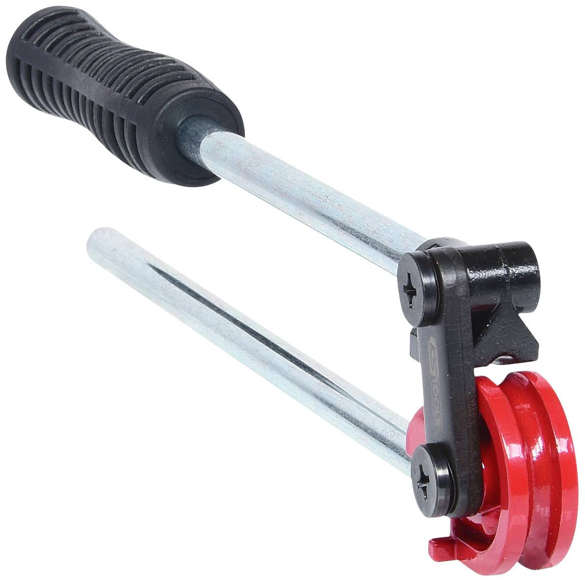 Ein roter Kabelabmantler mit schwarzem Griff, verwendet zum Abisolieren von Kabeln, zeigt den Abisolierkopf und doppelte Metallstäbe.