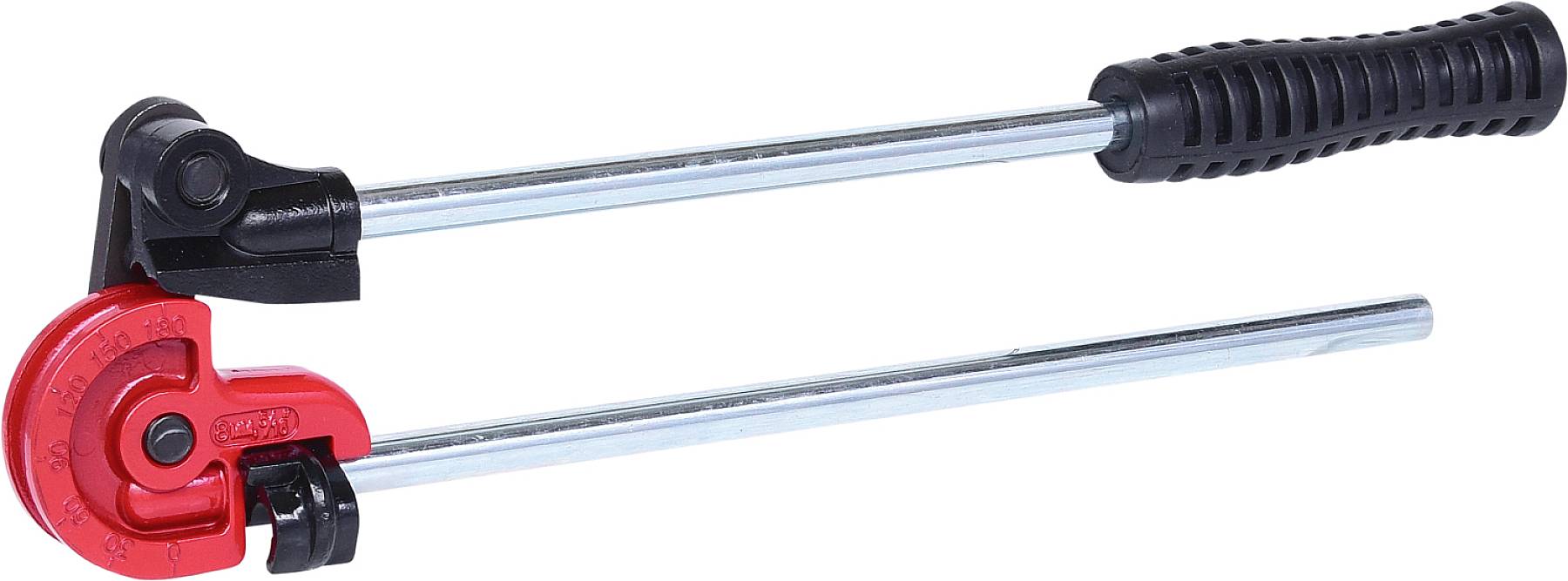 Ein manueller Rohrbieger mit schwarzem Griff und rotem Biegeteil, verwendet zum Biegen von Metallschläuchen in der Installationstechnik.