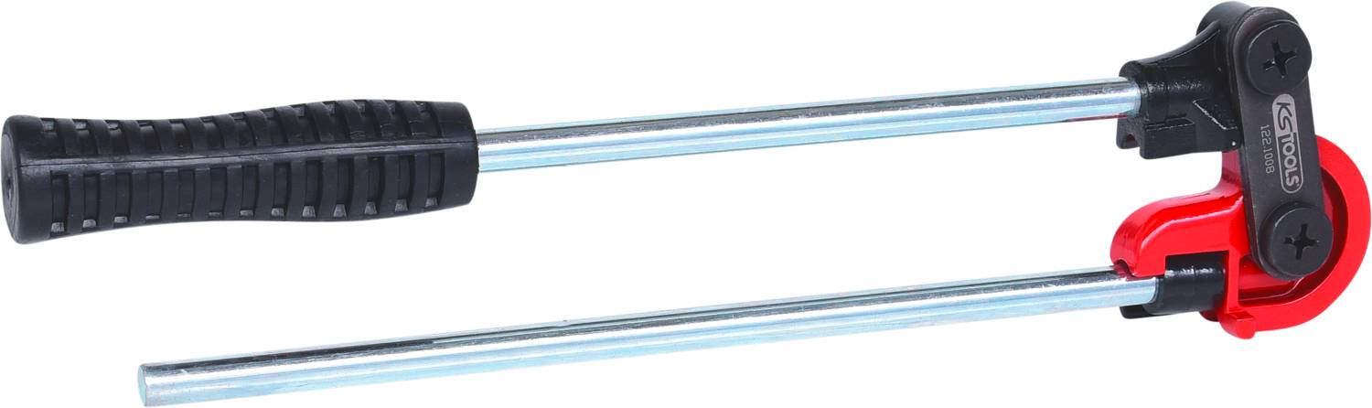 Metallische Handpresse mit einem schwarzen Griff und einem roten Mechanismus, verwendet zum Festziehen oder Lösen von Elementen.