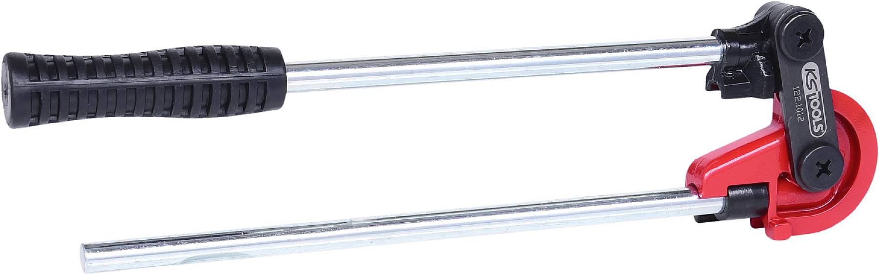 Werkzeug, bestehend aus zwei parallel verlaufenden Metallstangen mit einem schwarzen, geriffelten Griff an einem Ende und einem roten, verstellbaren Mechanismus am anderen Ende.