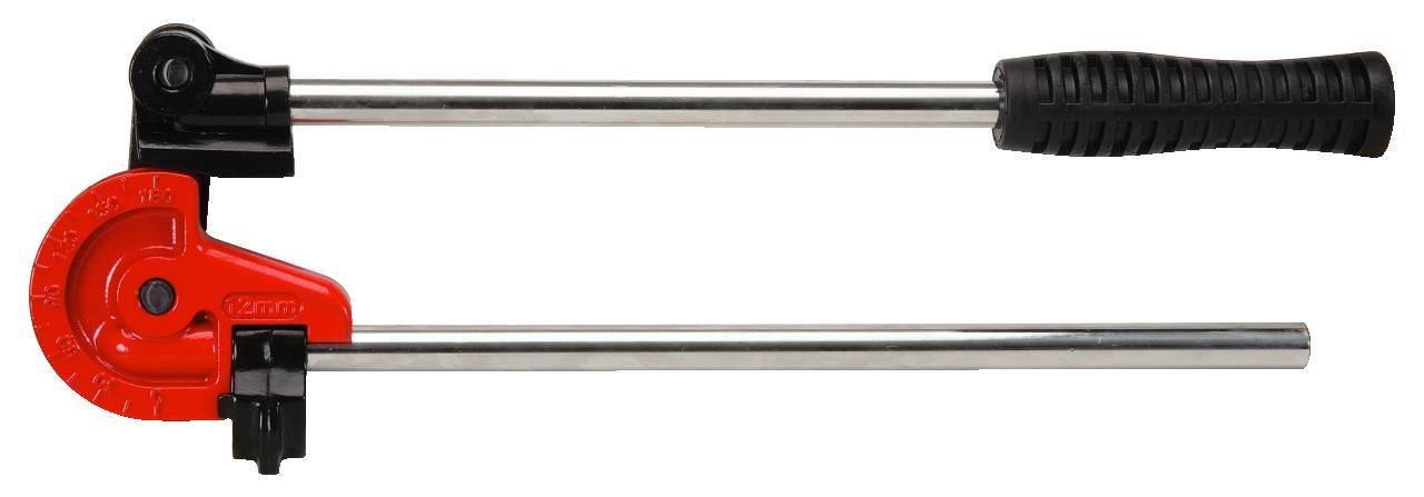 Rohrbiegezange mit rotem Biegerichtungszeiger und schwarzem Griff, verwendet zum Formen von Metallrohren.