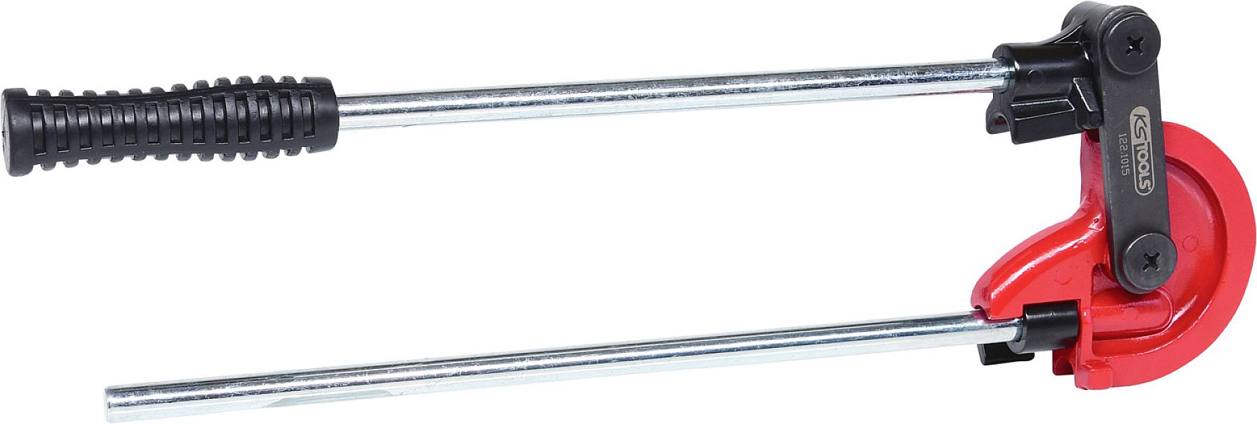 Ein roter Rohrbieger mit zwei langen Metallarmen und einem schwarzen Griff, der für das Biegen von Rohren verwendet wird.