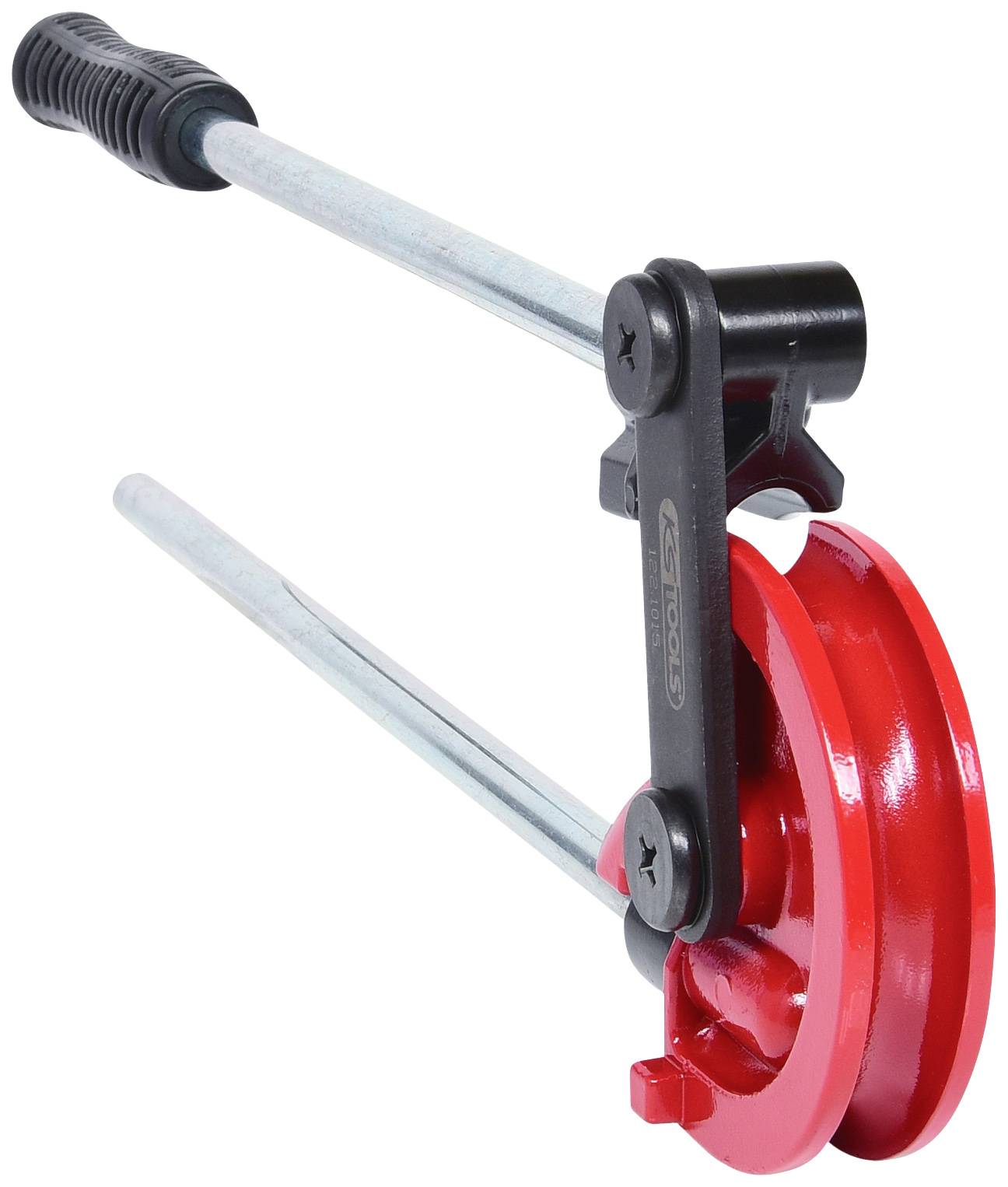 Ein roter Rohrbieger mit schwarzem Griff, verwendet zur manuellen Biegung von Rohrleitungen. Der Hebelmechanismus erleichtert die Arbeit.