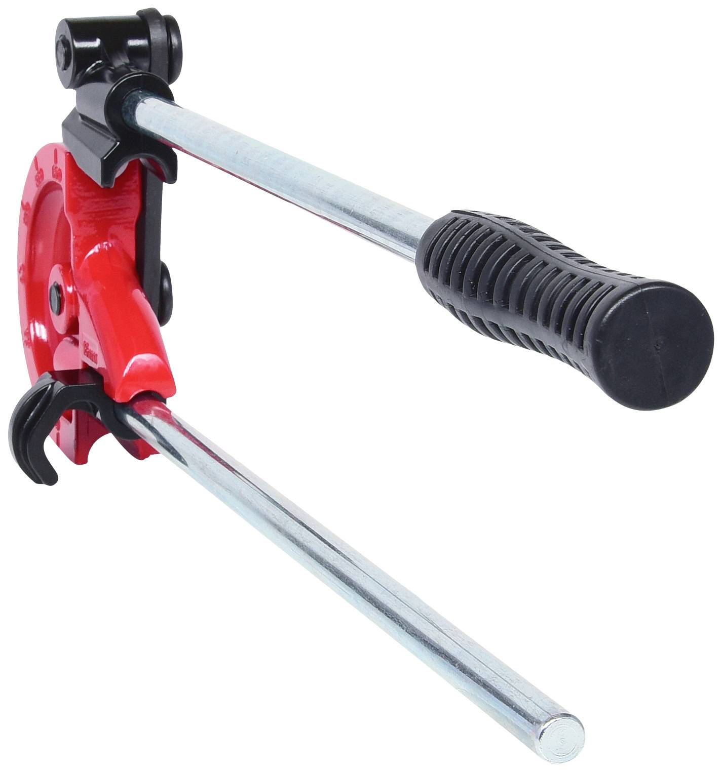 Ein rotes Rohrbiegegerät mit langem Griff, zum Biegen von Metallrohren verwendet. Geeignet für den Einsatz in Klempner- und Bauarbeiten.