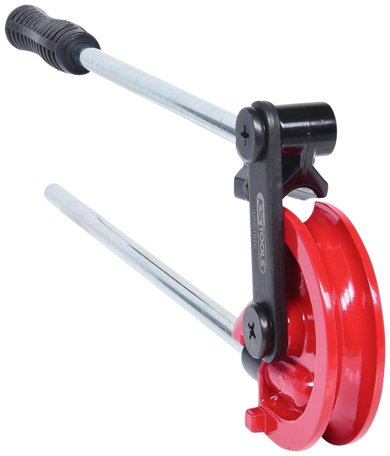 Ein rotes, manuelles Rohrbiegegerät mit schwarzem Griff aus Metall. Geeignet zum Biegen von Rohren in verschiedenen Winkeln.