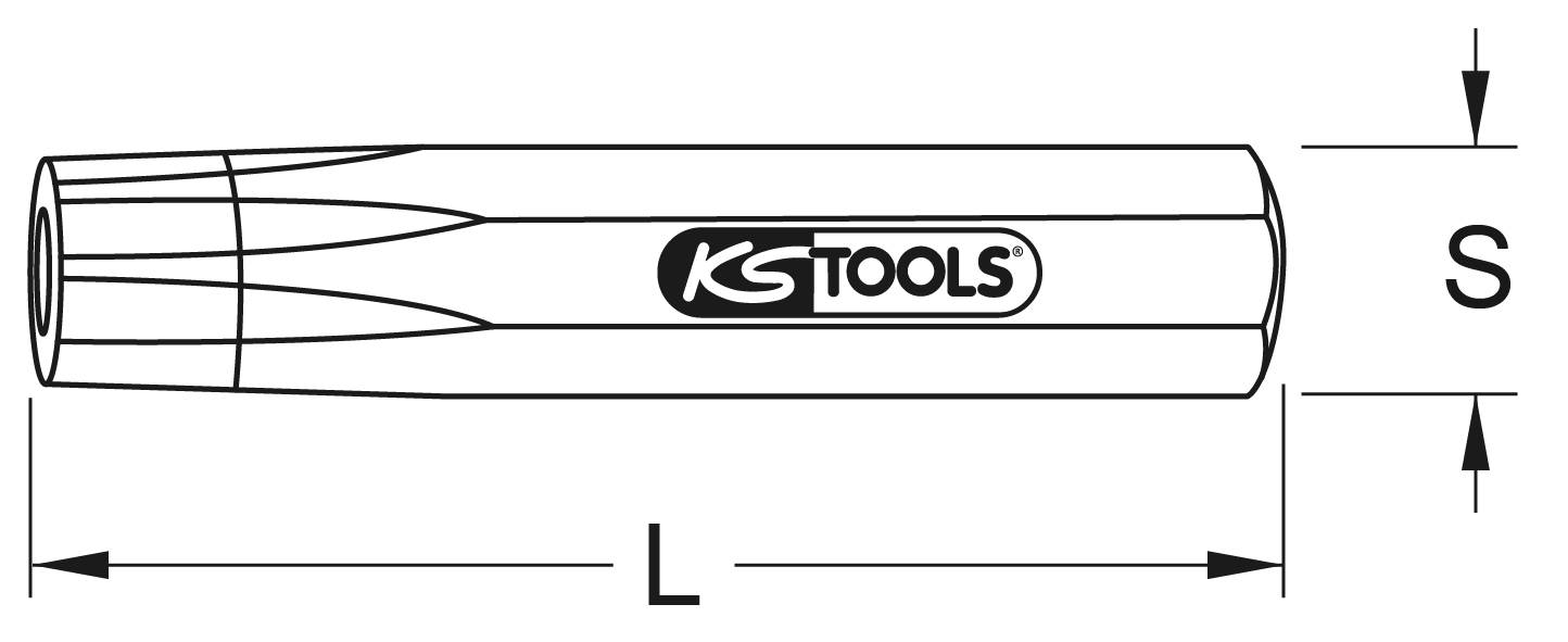 Zeichnung eines Steckschlüssels mit der Aufschrift 'KS Tools'. Markierungen zeigen Länge (L) und Durchmesser (S) an.