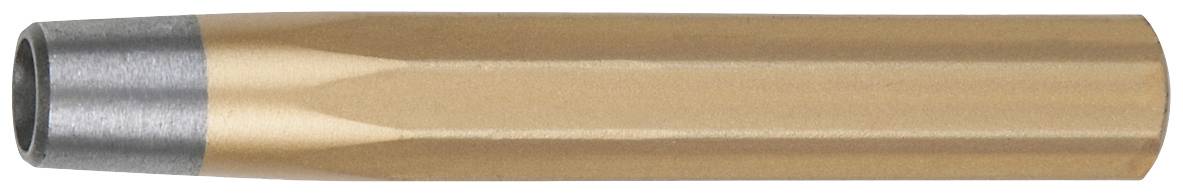 Ein zylinderförmiges, kupferfarbenes Metallrohr mit silbernem Rand auf einer weißen Oberfläche.