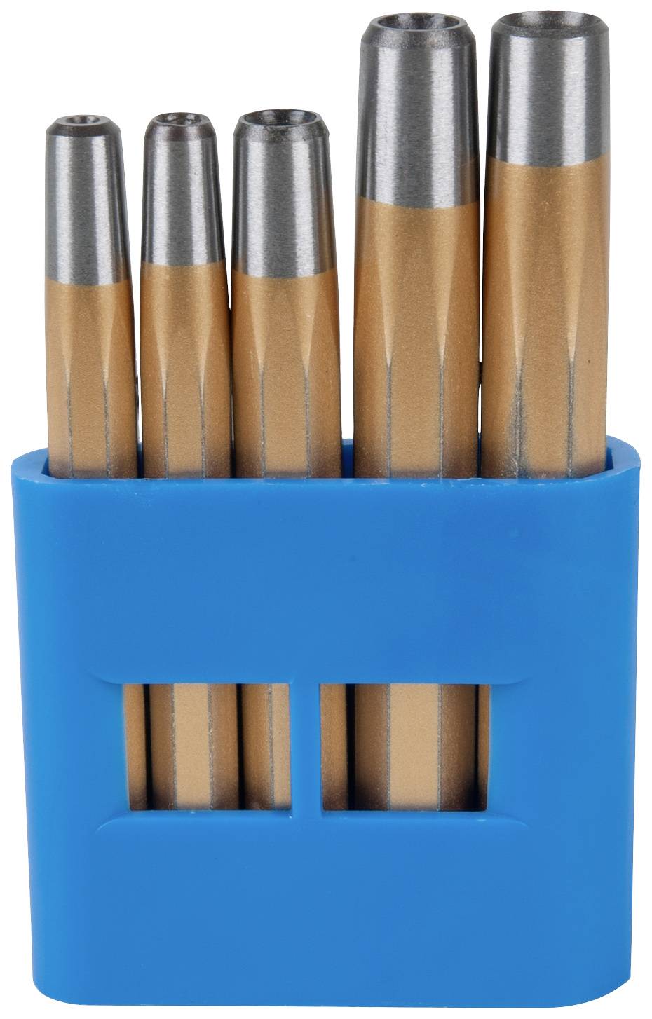 Ein Satz von fünf unterschiedlich großen, zylindrischen Stempeln mit metallischen Spitzen, gehalten in einer blauen Kunststoffhalterung.