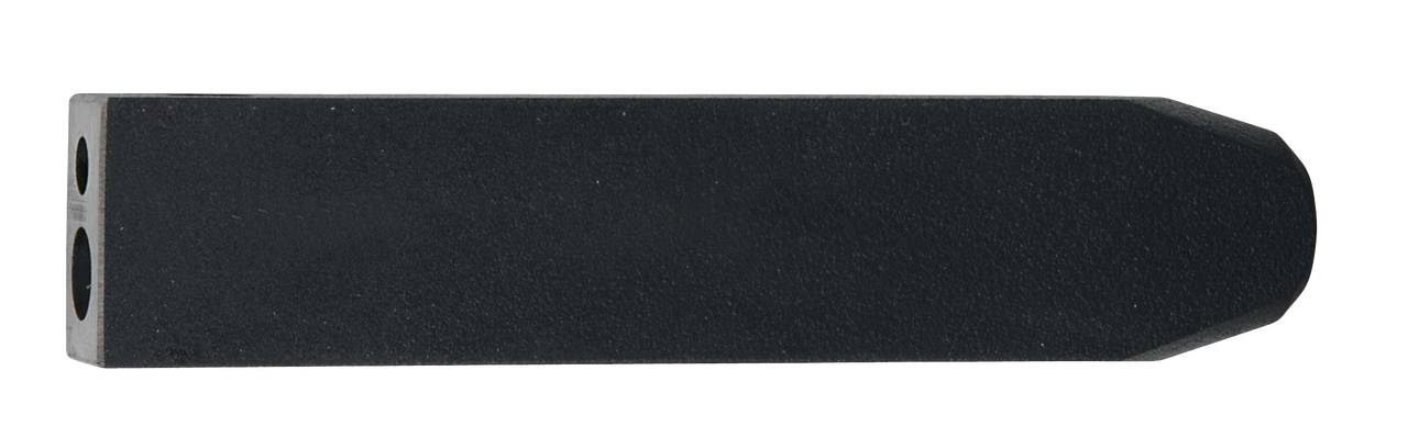 Ein schwarzes, rechteckiges metallisches Werkzeug mit zwei Löchern an einem Ende.