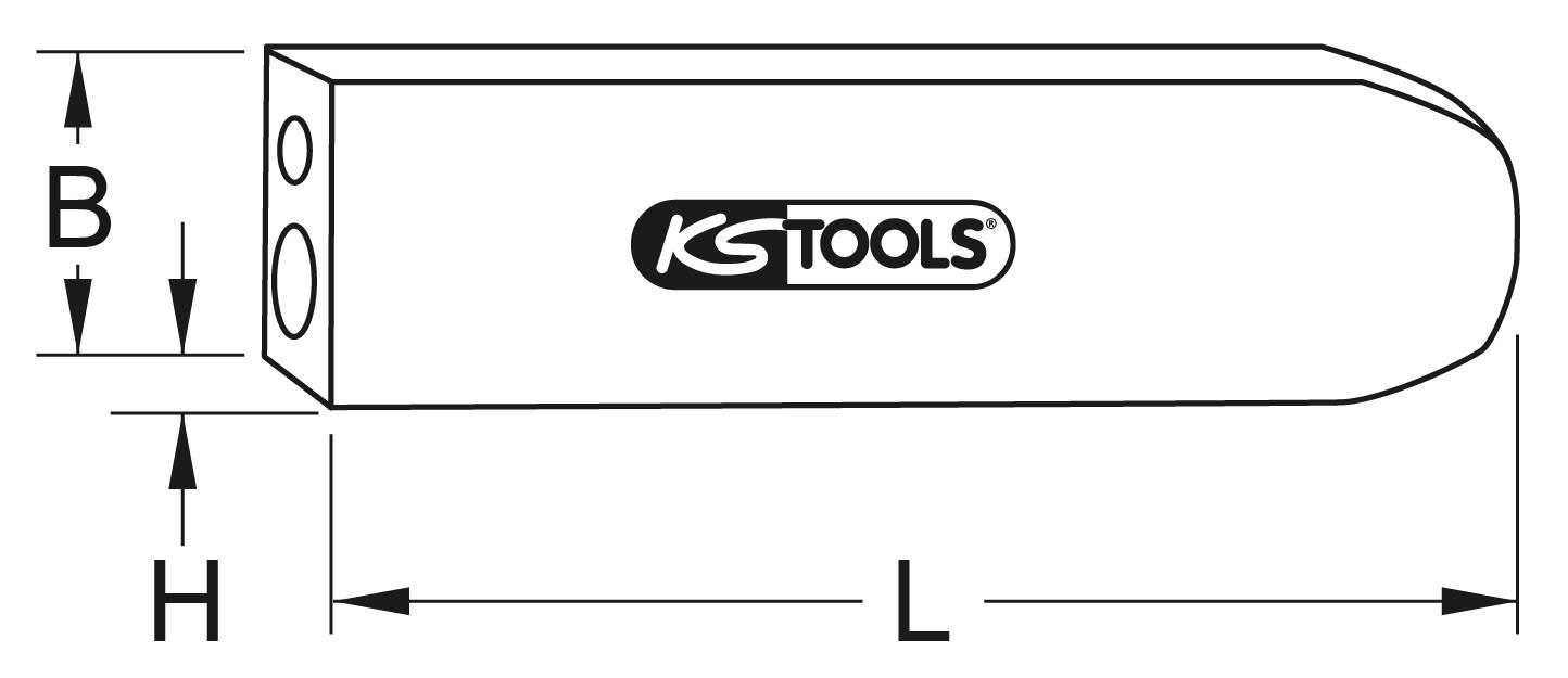 'KS Tools' Schraubenschlüssel-Abmessungen: Länge (L), Höhe (H), Breite (B) sind angegeben. Skizze zur Veranschaulichung der Maße.