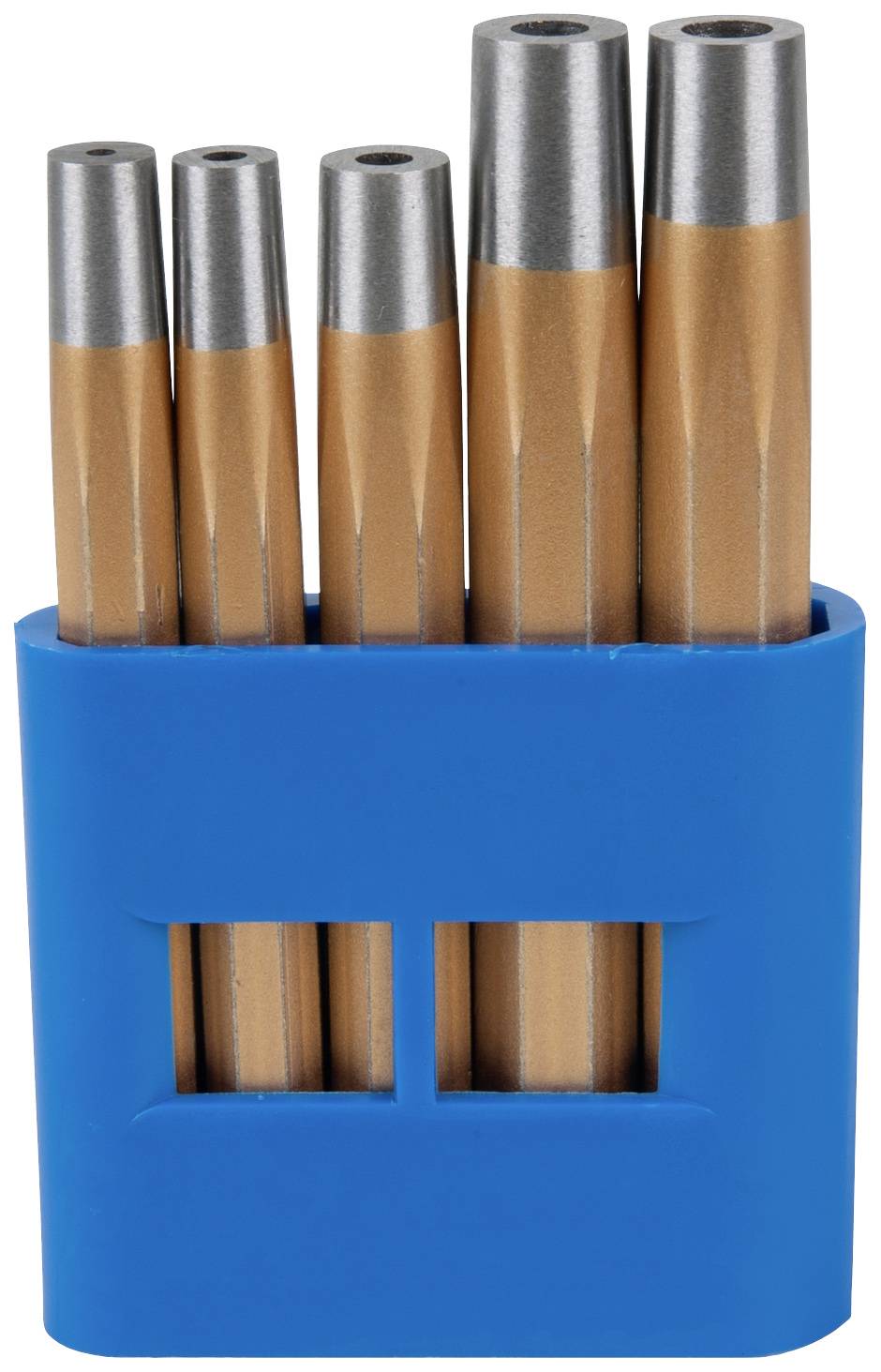 Ein blauer Plastikhalter mit fünf unterschiedlich großen schraubbaren Stempelwerkzeugen aus Metall. Geeignet zum Prägen von Metalloberflächen.