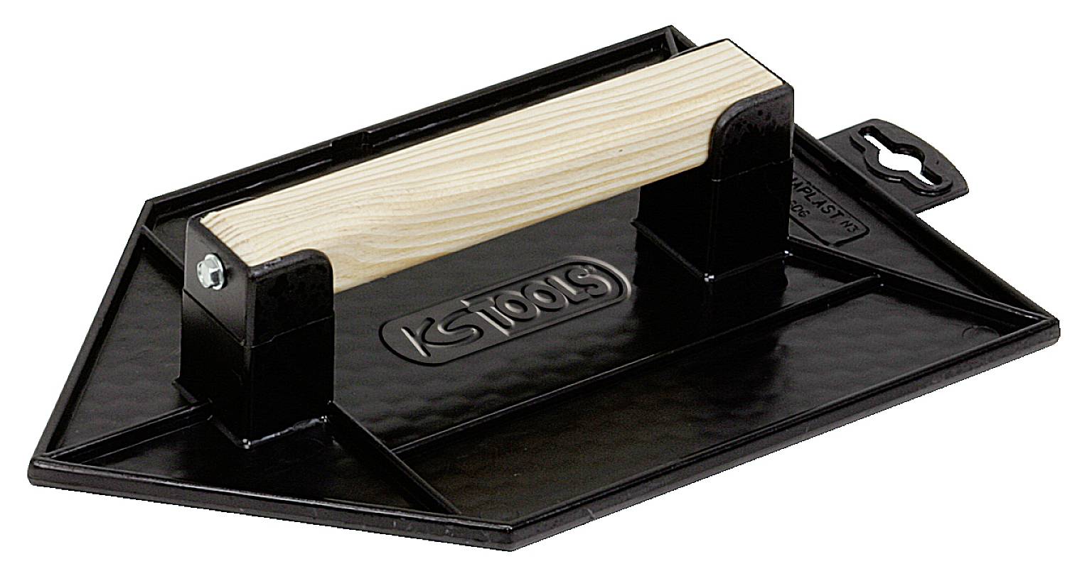 Kunststoffglätter mit Holzgriff, trapezförmig, Marke 'KS Tools'. Geeignet für das Glätten von Beton oder Verputz.