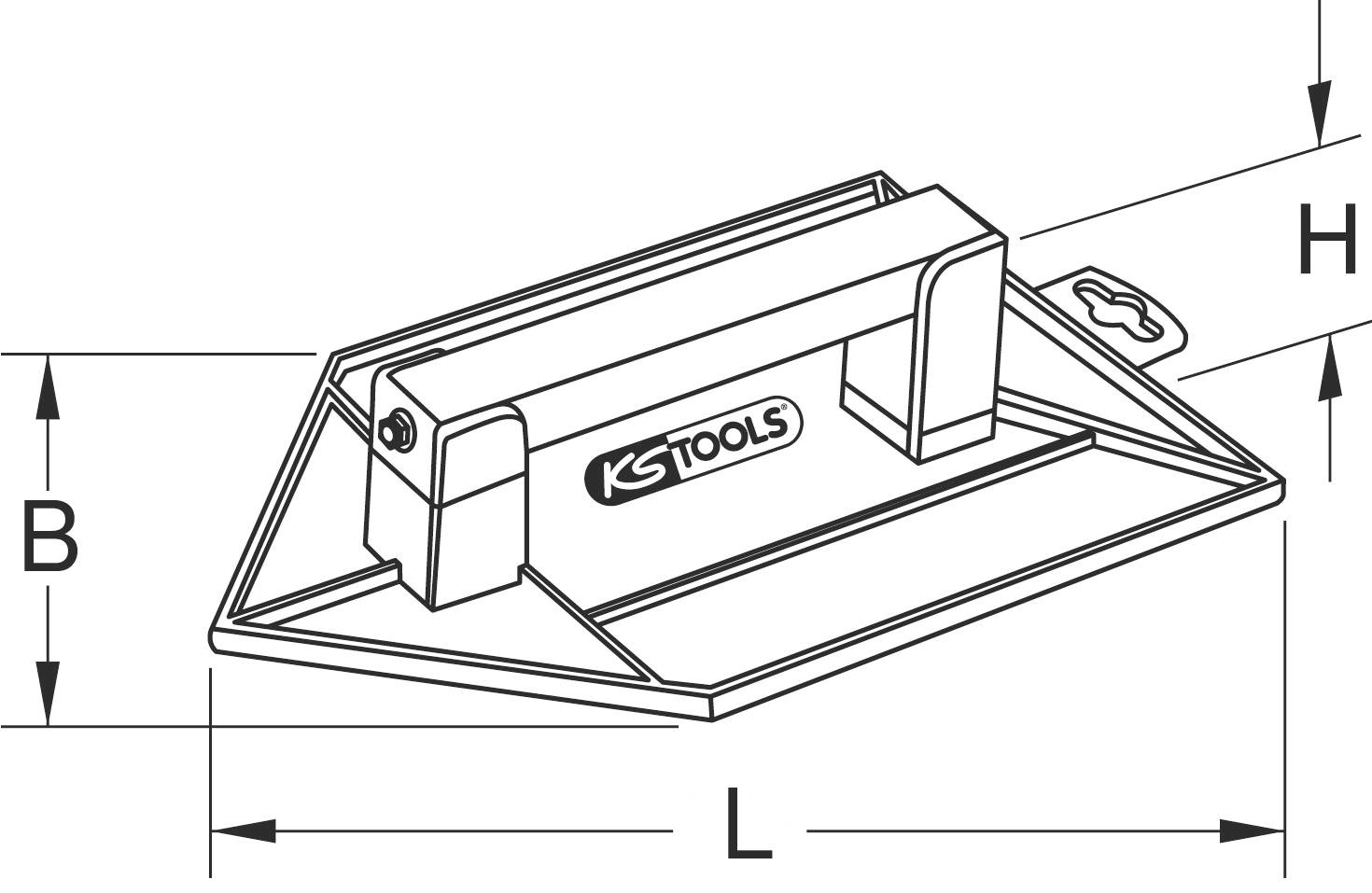 Zeichnung eines Kantenreibbretts mit Griff, rechteckig mit abgerundeten Ecken. Maße B, L, und H sind angegeben.