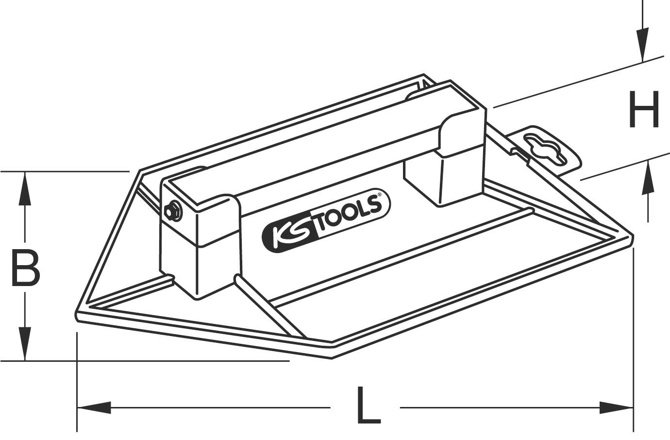 Diagramm eines trapezförmigen Werkzeugs mit Griff und den Maßen B, L, H; gelabelt mit 'KS TOOLS'.