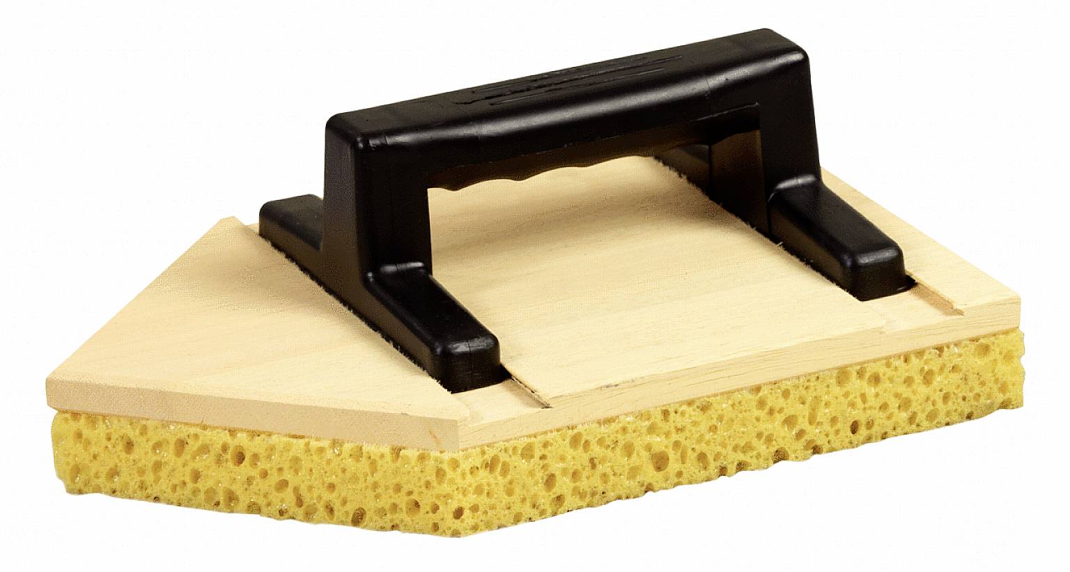 Schwammglätter mit gelbem Schwamm und schwarzem Handgriff, rechteckig. Wird oft im Bau verwendet, um Oberflächen zu glätten.