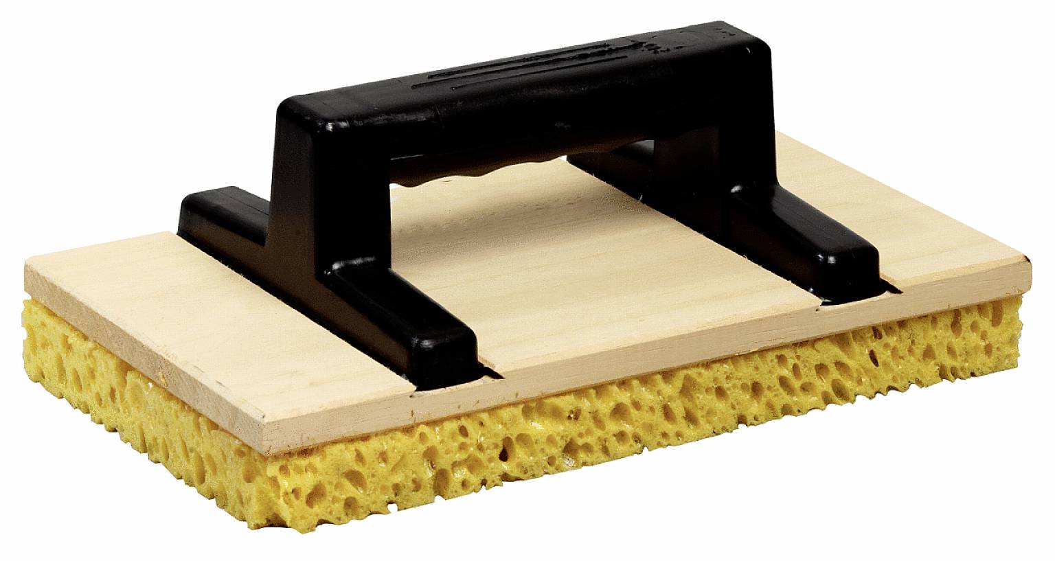 Handschwamm mit Holzgriff, rechteckig, gelber Schaumstoff. Geeignet für Reinigungs- oder Bauarbeiten.