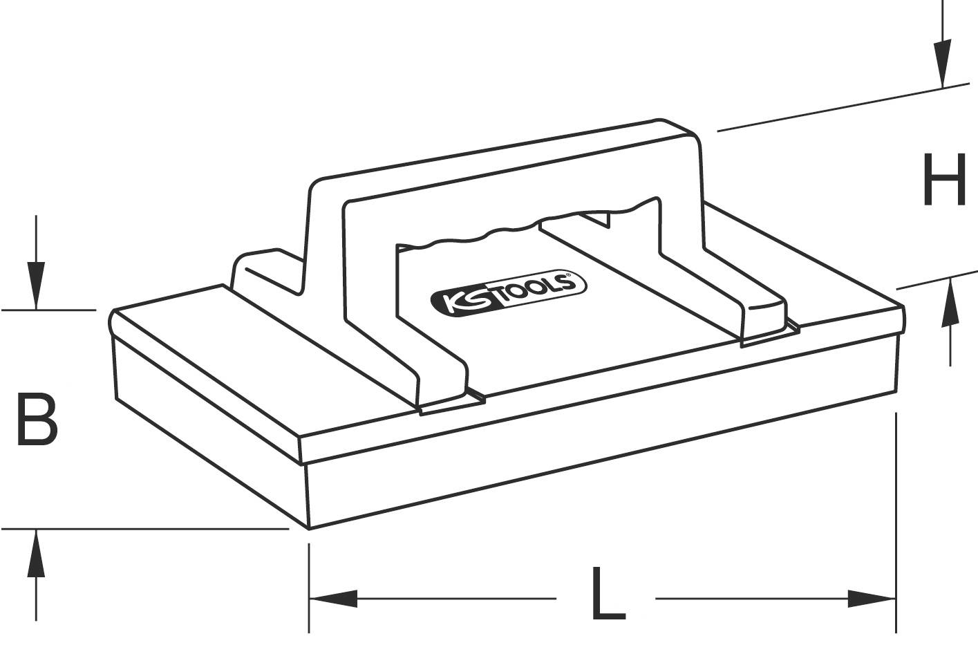 Diagramm einer magnetischen Fliesenhebefunktion mit Griff. Maße: Höhe (H), Breite (B) und Länge (L) angegeben.
