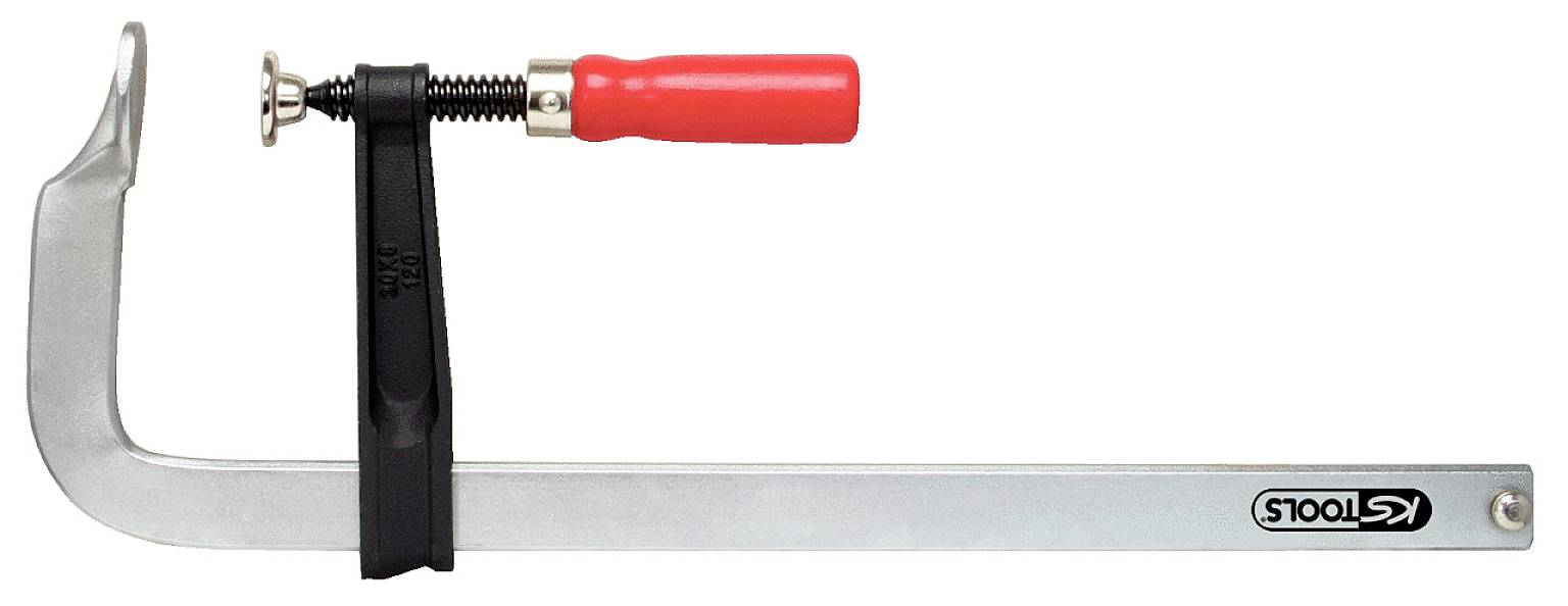 Metall-Großzwinge mit rotem Holzgriff und schwarzer beweglicher Backe, geeignet zum Spannen von Werkstücken in Holz- oder Metallarbeiten.