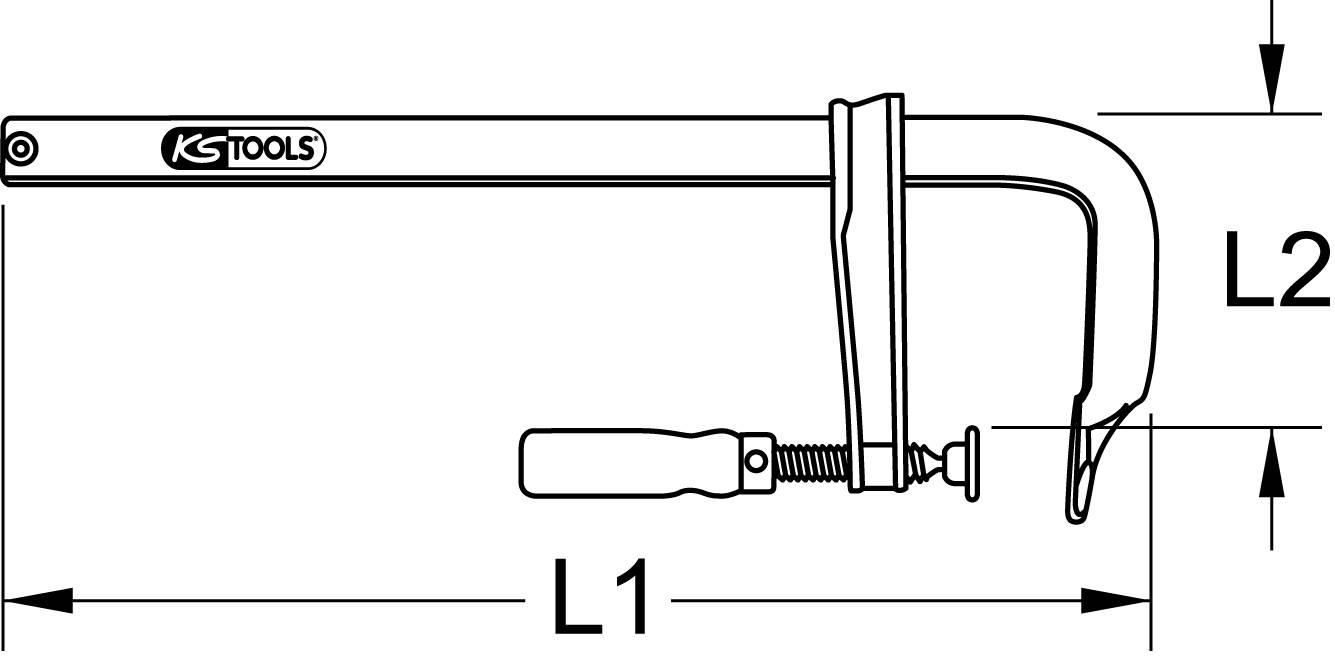 Abbildung einer Schraubzwinge von KS Tools mit gekennzeichneten Maßen L1 und L2.