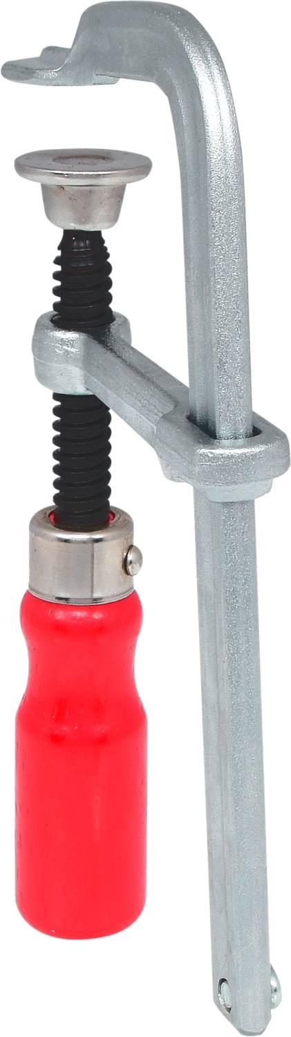 Ein roter Schraubzwinge mit Metallkörper, verwendet zum Fixieren von Werkstücken. Geeignet für Holzarbeiten und Metallverarbeitung.