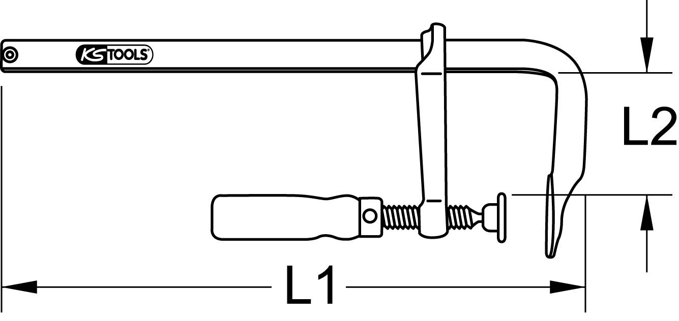 Eine Schraubzwinge mit den Maßen L1 und L2 wird dargestellt, mit einem Drehgriff. Das Logo 'KS TOOLS' befindet sich auf dem Griff.