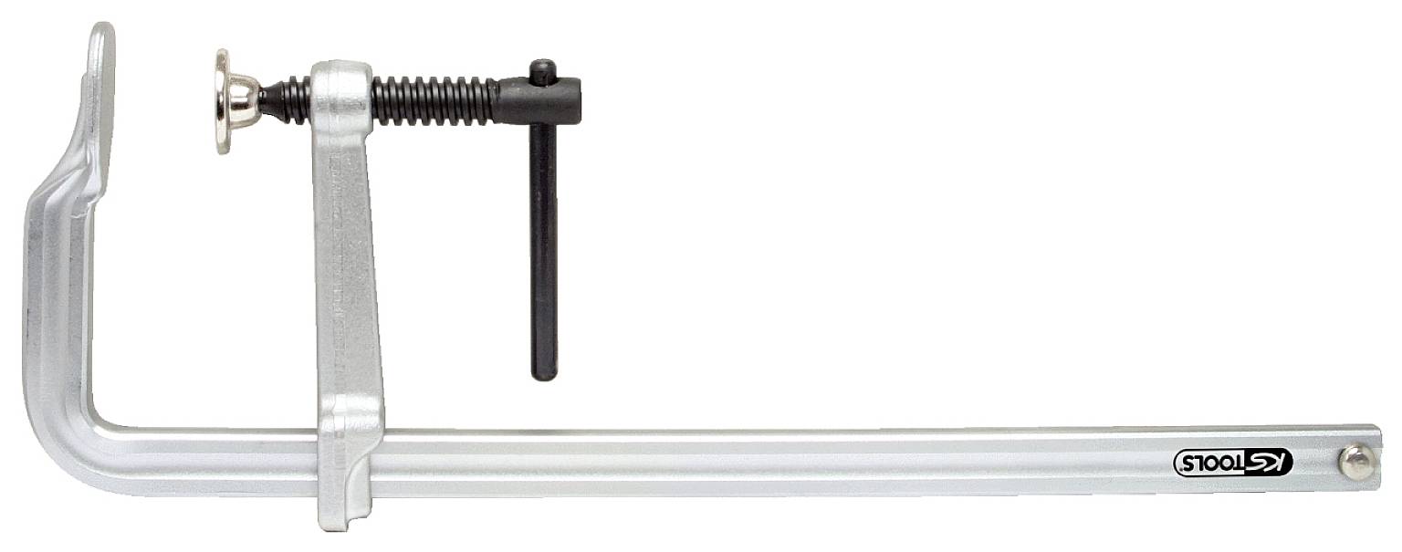 Silberne Schraubzwinge mit schwarzem Schraubmechanismus und Klemmschraube, ideal zum Fixieren und Halten von Werkstücken.