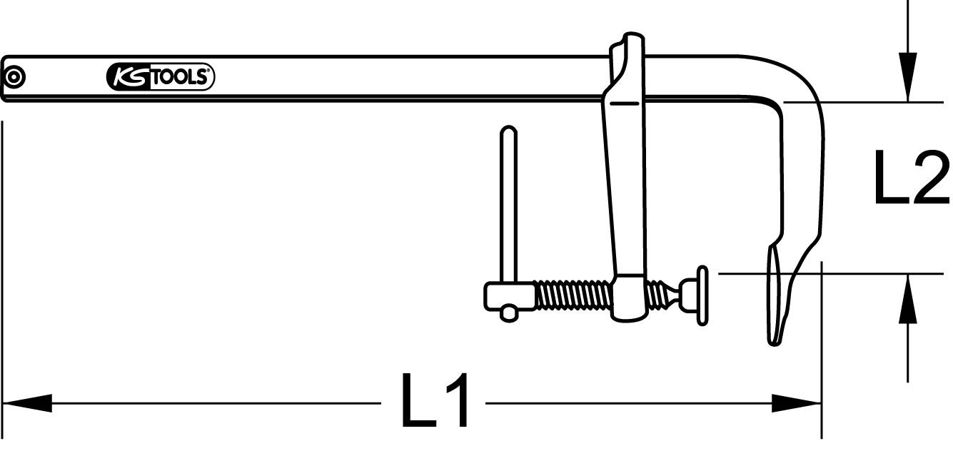 Skizze einer Schraubzwinge von KS Tools. Zeigt Maße L1 und L2. Illustriert Spannweite und Öffnung der Zwinge.