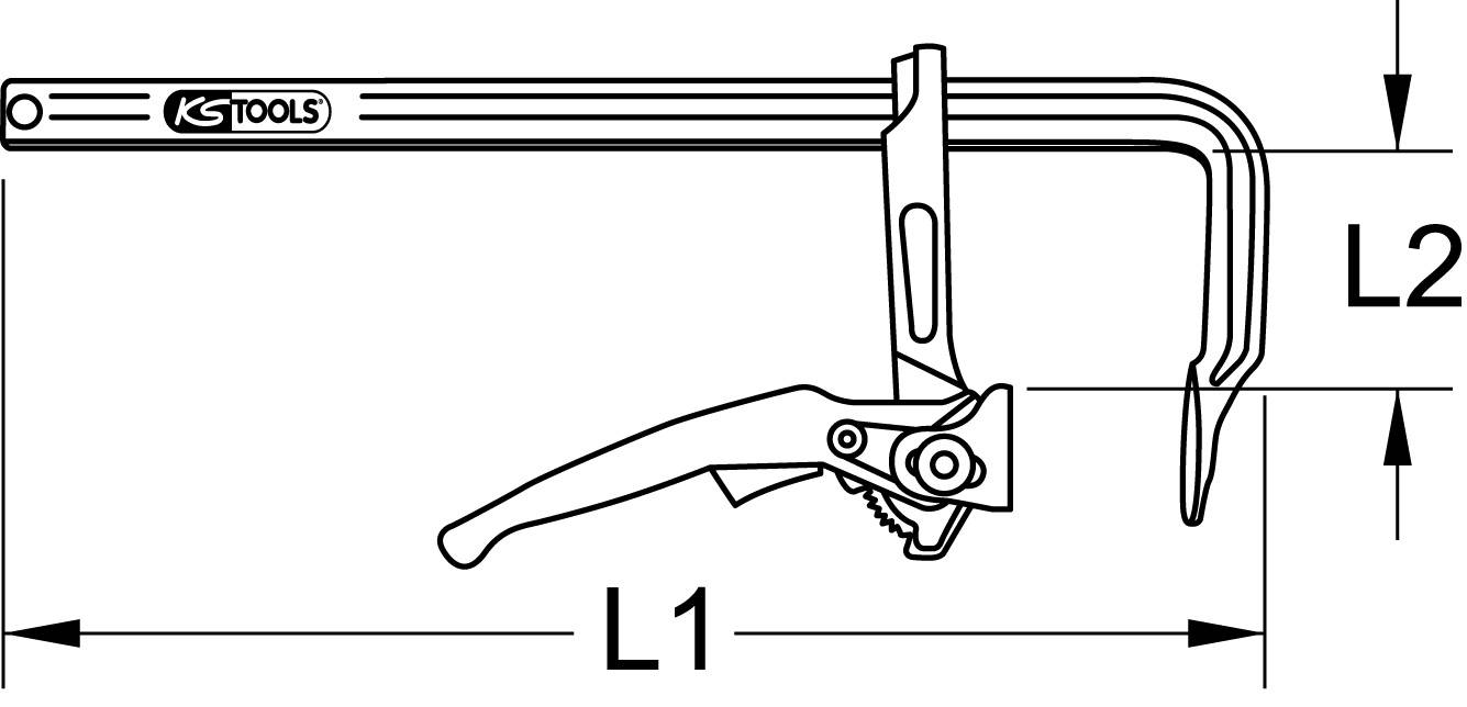 Zeichnung einer Schraubzwinge mit Markierung der Abmessungen L1 und L2. Darauf ist das KS Tools Logo.
