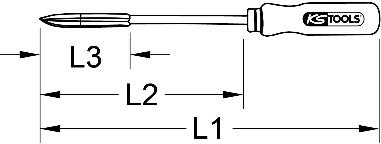 Abbildung eines Schraubenziehers mit Beschriftungen der Längen L1, L2 und L3. Zeigt den Griff und die Spitze mit Pfeilen zur Längenangabe.