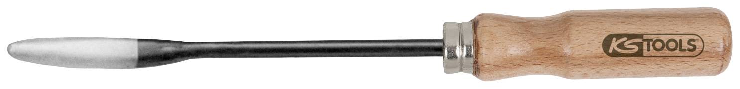 Ein Schraubenzieher mit einem hölzernen Griff und Metallspitze liegt horizontal. Auf dem Holzgriff ist das Logo 'KS TOOLS' abgebildet.