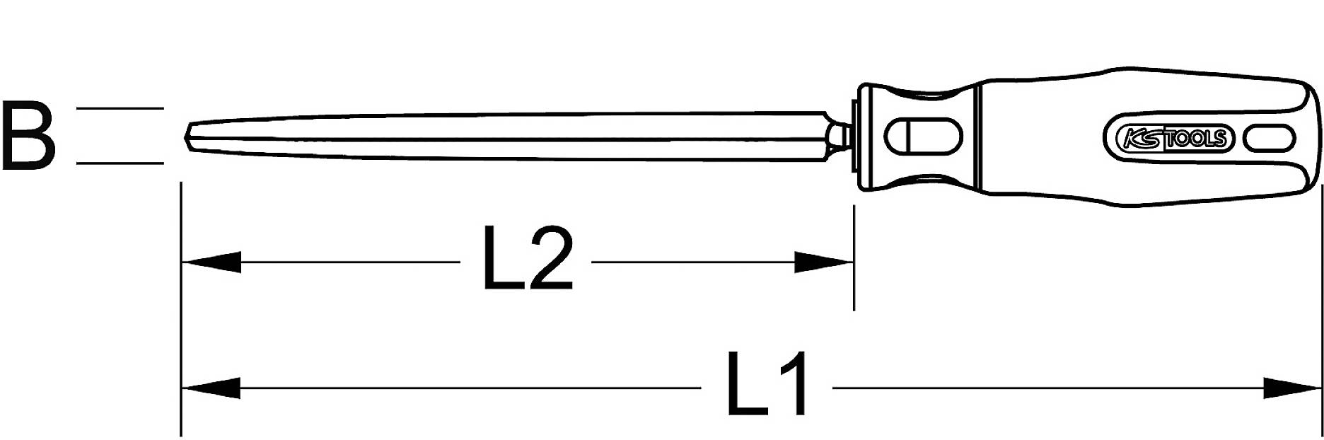 Abbildung eines Schraubendrehers mit Maßen: Breite (B) und zwei Längen (L1, L2) markiert. Schraubendreher mit geradem Schlitz.