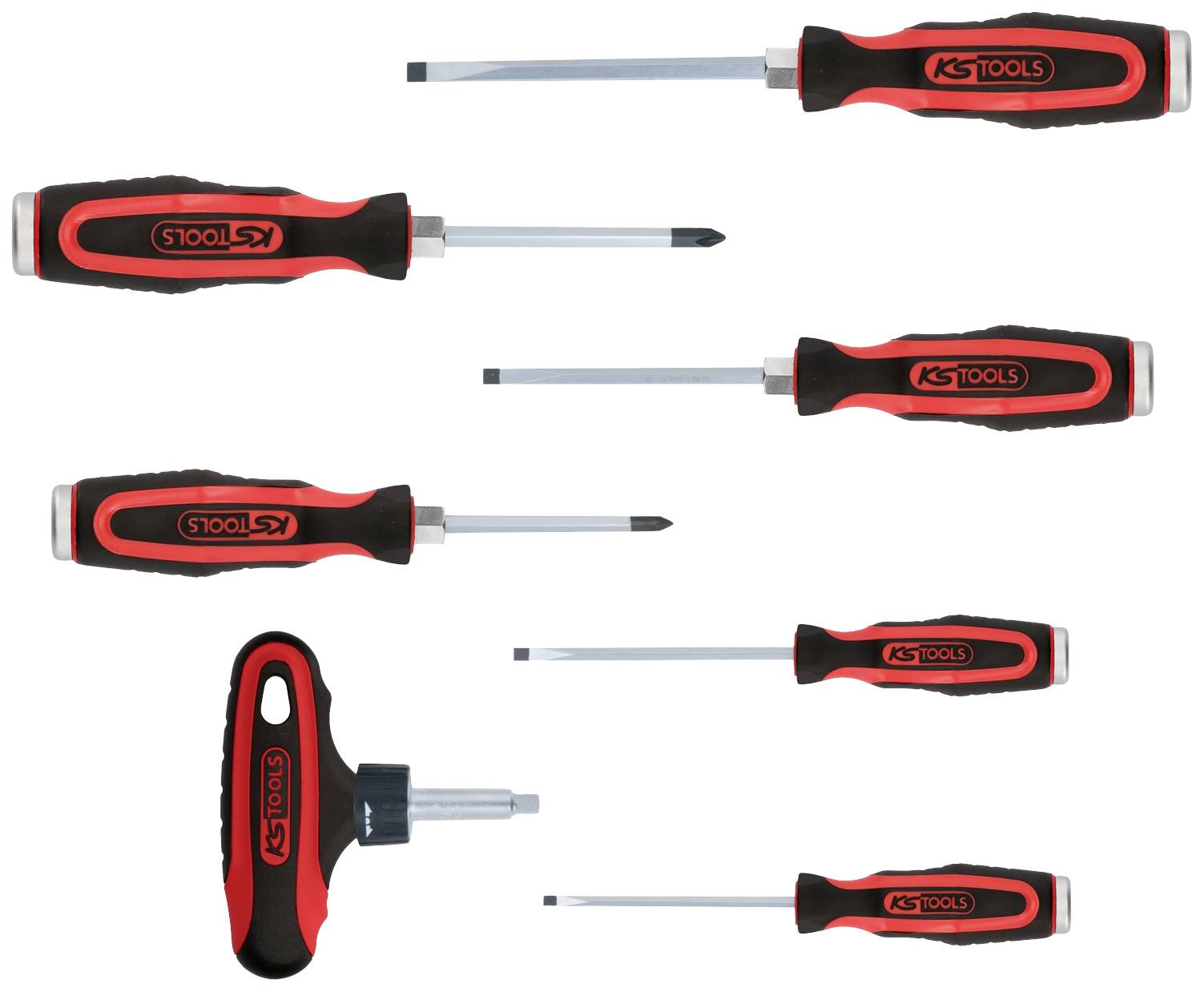 Sechs Schraubendreher und ein T-Griff-Schraubendreher, alle mit rot-schwarzen Griffen und KS Tools Logo.