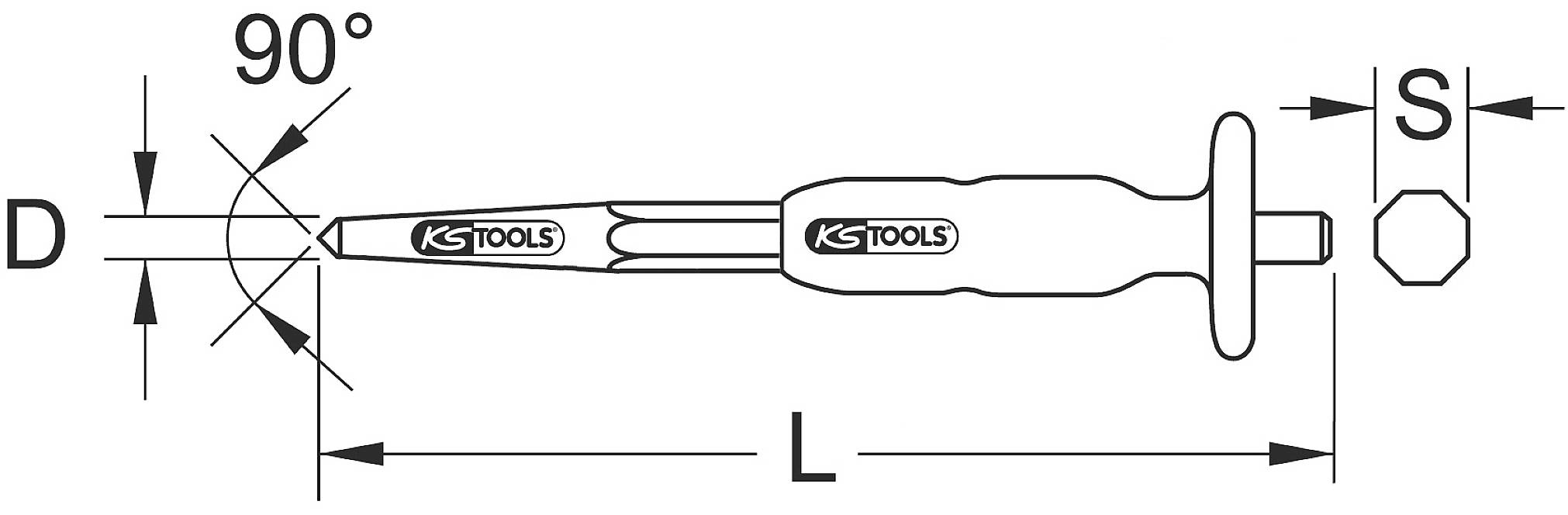 Diagramm eines Messstifts von KS Tools mit Maßangaben: L für Länge, D für Durchmesser und S für Sechskant. Spitze ist Kegel mit 90°.