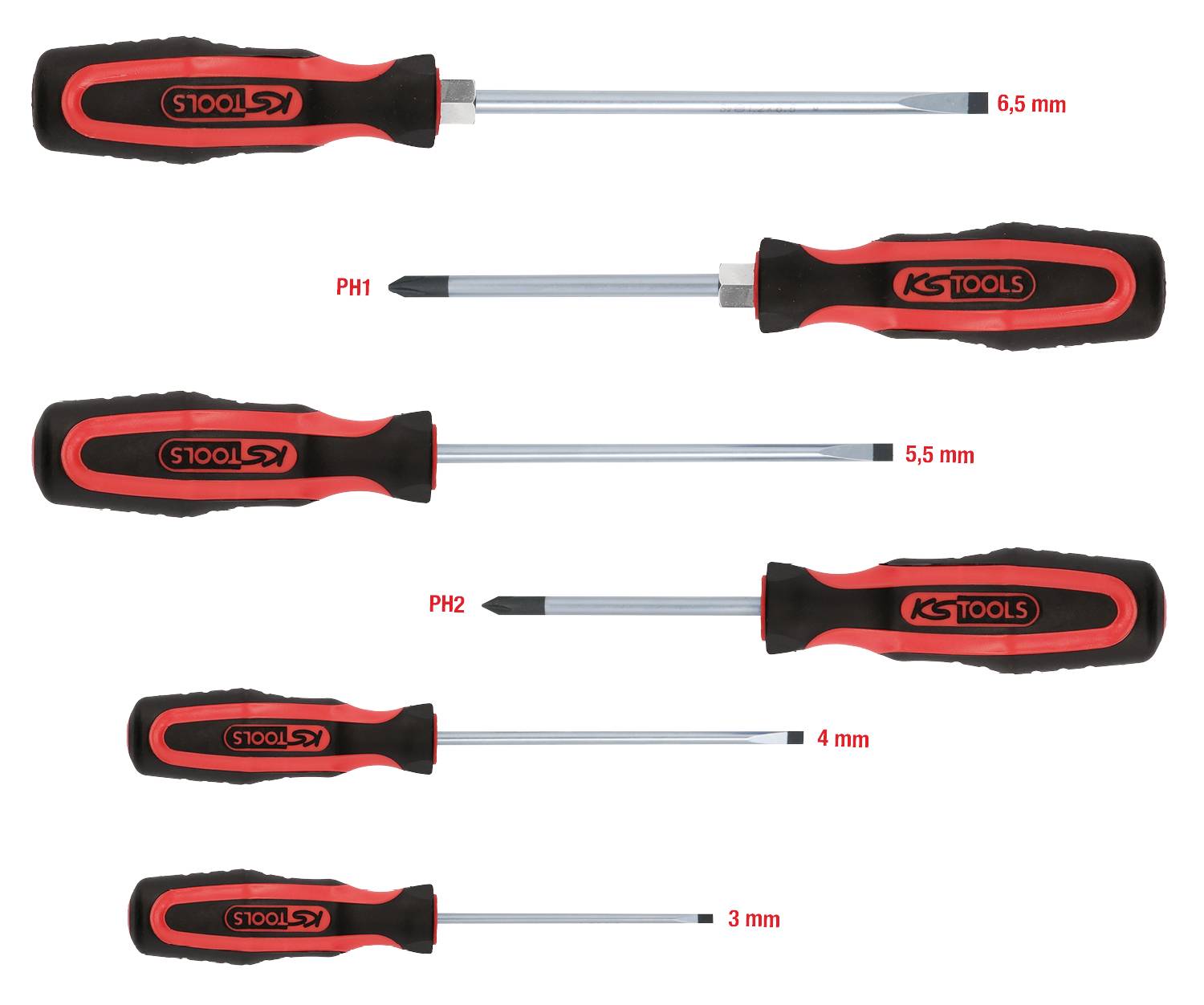 Fünf Schraubendreher in verschiedenen Größen: 6,5 mm, PH1, 5,5 mm, PH2, 4 mm und 3 mm, alle mit schwarzem und rotem Griff.