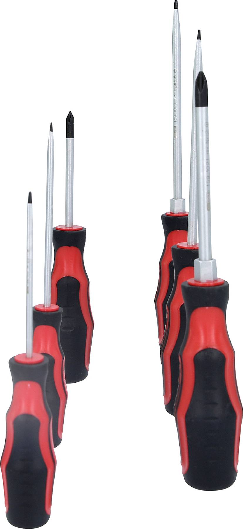 Ein Set von sechs Schraubendrehern mit rot-schwarzen Griffen, mit verschiedenen Klingenarten und -längen, aufrecht stehend.