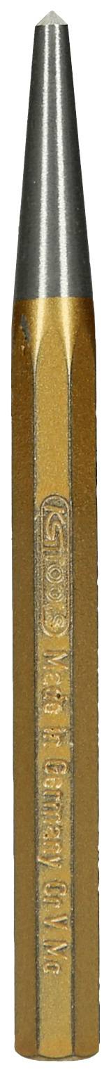 Ein goldfarbener, zylindrischer Metallgegenstand mit silberner Spitze, möglicherweise ein technisches Werkzeug oder Teil einer Maschine.