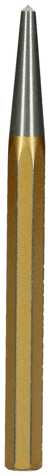 Das Bild zeigt eine einzelne, scharfe Bleistiftspitze mit einem metallischen, silbernen Abschnitt am Ende, umgeben von einem gelb-braunen Gehäuse.